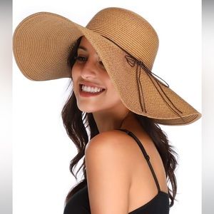 Womens Wide Brim Straw Hat Big Floppy Foldable Roll up Cap Beach Sun Hat UPF 50+